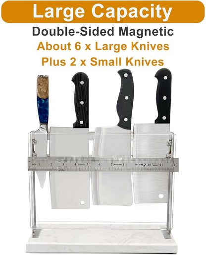 Magnetic Knife Block Stand - Marble Base Magnetic Knife Holder for Counter Top - Double Sided Knife Block without Knives - Stainless Steel Magnetic Kitchen knife holder - Black
