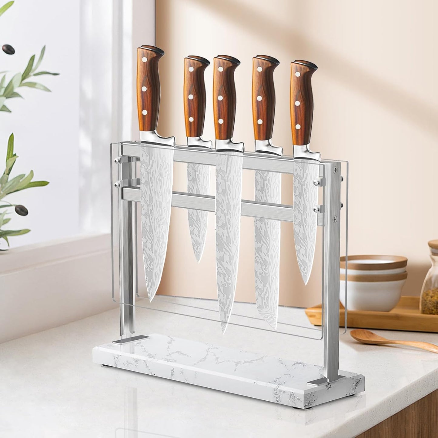 Magnetic Knife Block Stand - Marble Base Magnetic Knife Holder for Counter Top - Double Sided Knife Block without Knives - Stainless Steel Magnetic Kitchen knife holder - Black