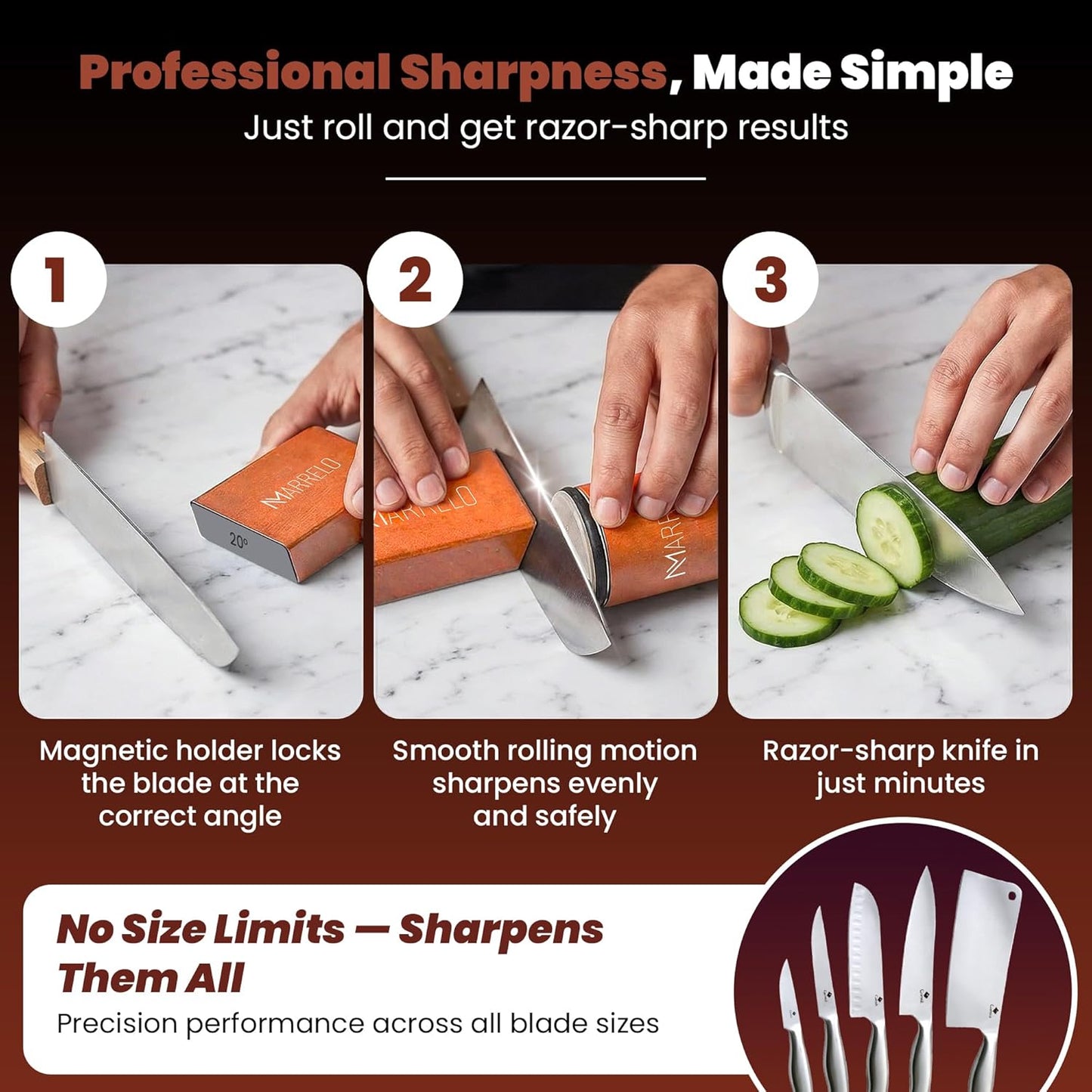 5 Pieces Rolling Knife Sharpener Kit - Magnetic Roller Sharpener with 4 Angle Base, 2 extra Diamond Discs and Dual Sided Leather Strop for Razor Sharp Kitchen and Outdoor Knives