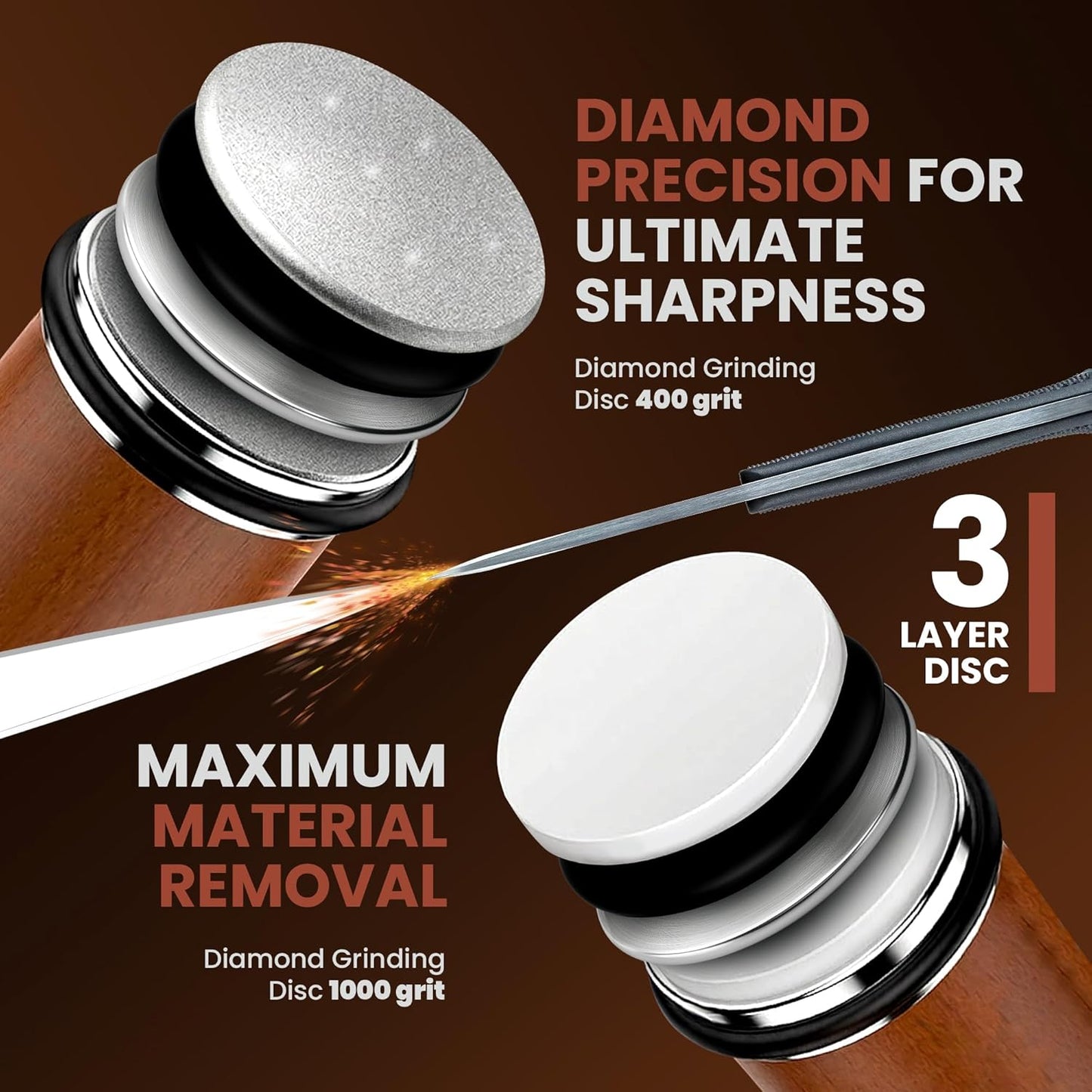 5 Pieces Rolling Knife Sharpener Kit - Magnetic Roller Sharpener with 4 Angle Base, 2 extra Diamond Discs and Dual Sided Leather Strop for Razor Sharp Kitchen and Outdoor Knives