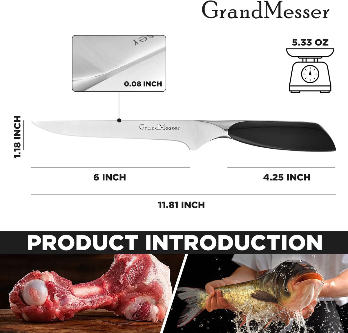 Boning & Fillet Knife, 6" Deboning Knife, Fish Knives for Meat Poultry Cutting, Unique Ergonomic Handle Design.