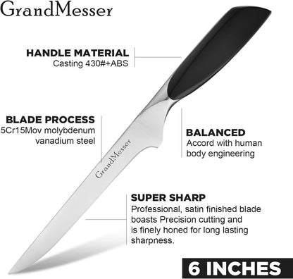 Boning & Fillet Knife, 6" Deboning Knife, Fish Knives for Meat Poultry Cutting, Unique Ergonomic Handle Design.