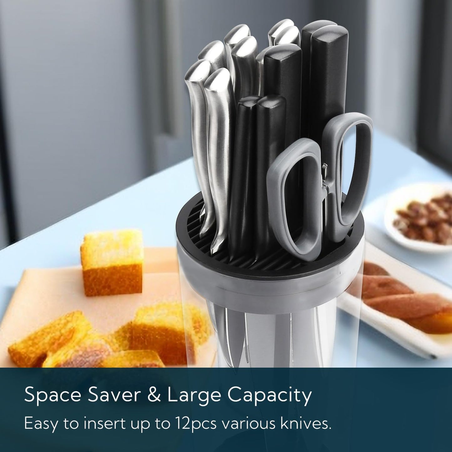 Universal Knife Block without Knives, Round Kitchen Knife Holder with Scissors Slot，Space Saver Knife Storage with Clear Barrel - Unique Slot Design to Protect Blades and Detach for Easy Cleaning