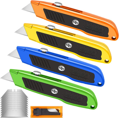 4 Pack Box Cutters, Utility Knives Retractable with 10 SK5 Blades | Aluminum Alloy Body Box Cutters Retractable, Slide Lock Utility Knife Heavy Duty for Cardboard, Carpet, Packages And Work