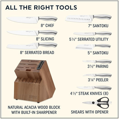 Insignia (13-PC) Kitchen Knife Block Set With Wooden Block, Contoured Handles and Sharp Stainless Steel Professional Chef Knife Set & Scissors