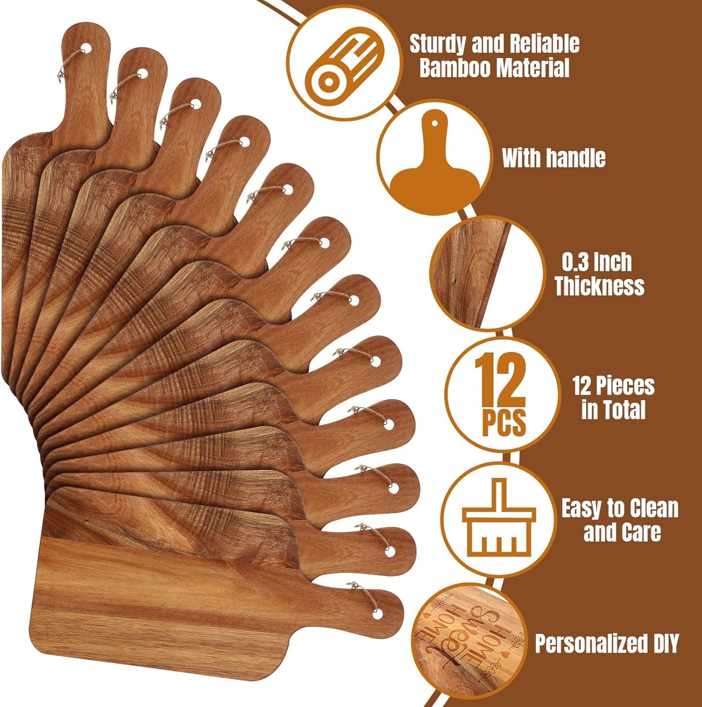 12 Packs Wooden Cutting Board Set with Handles 15 x 7 Inch Large Kitchen Serving Plain Chopping Board Bulk Gifts for Mom for Vegetables Meat Pizza Cheese Fruit Bread(Bamboo)
