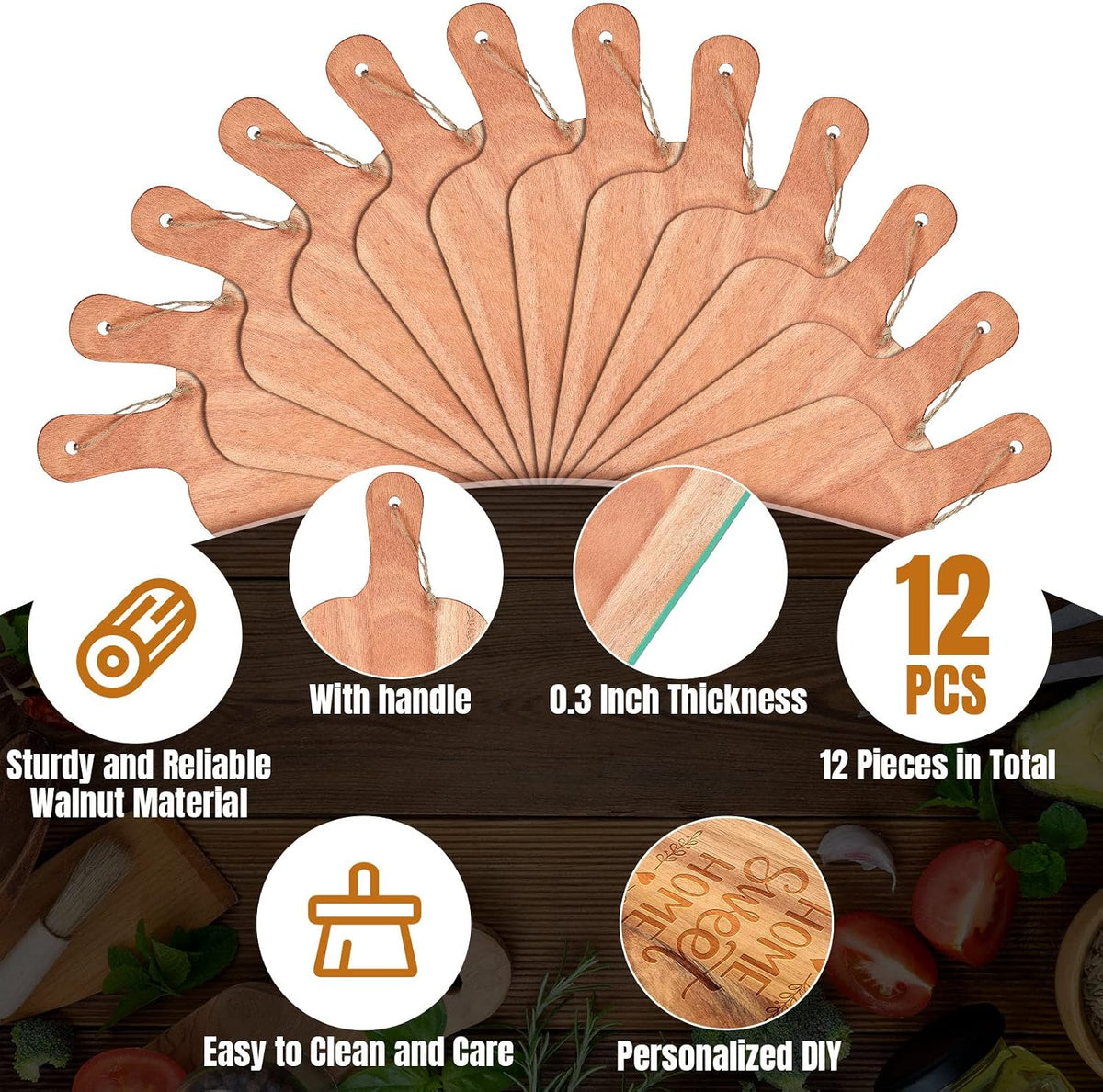 12 Packs Wooden Cutting Board Set with Handles 15 x 7 Inch Large Kitchen Serving Plain Chopping Board Bulk Gifts for Mom for Vegetables Meat Pizza Cheese Fruit Bread(Bamboo)