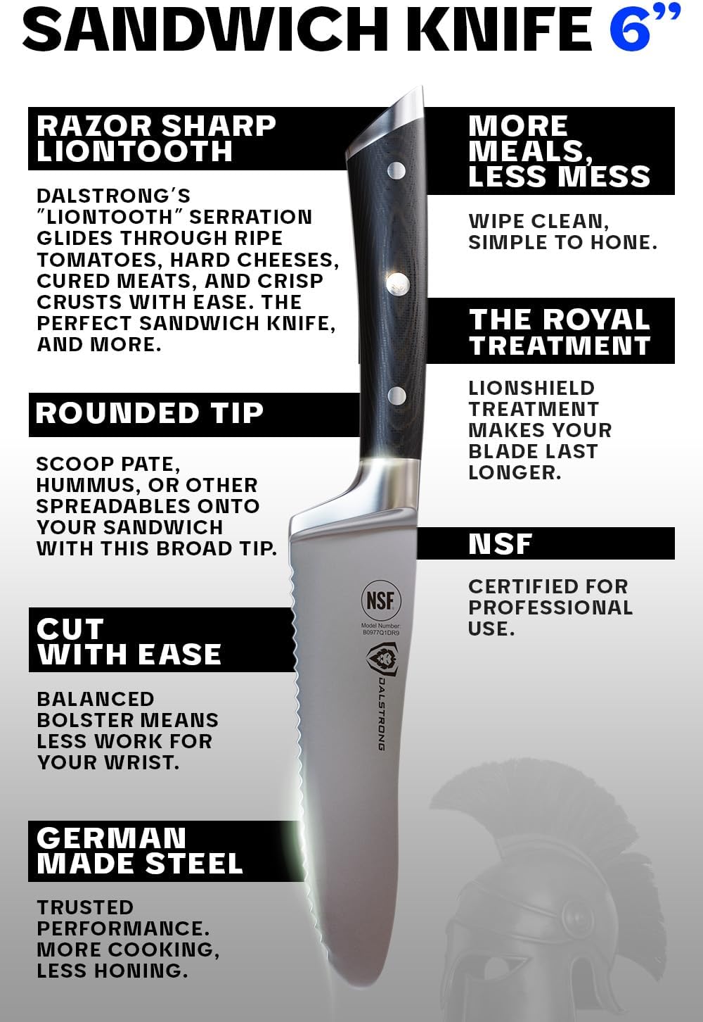 Ultimate Sandwich Knife - 6 inch Utility Knife - Gladiator Series Elite - Spreader - Forged German High-Carbon Steel - Sheath Included - Ham, Cheese, Bread Knife Gift- NSF Certified
