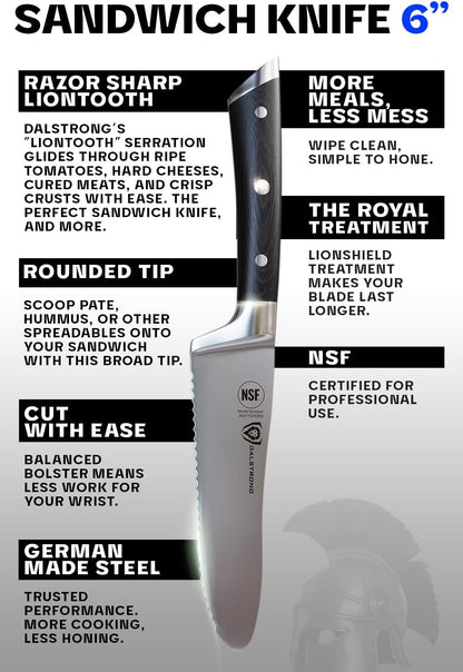 Ultimate Sandwich Knife - 6 inch Utility Knife - Gladiator Series Elite - Spreader - Forged German High-Carbon Steel - Sheath Included - Ham, Cheese, Bread Knife Gift- NSF Certified