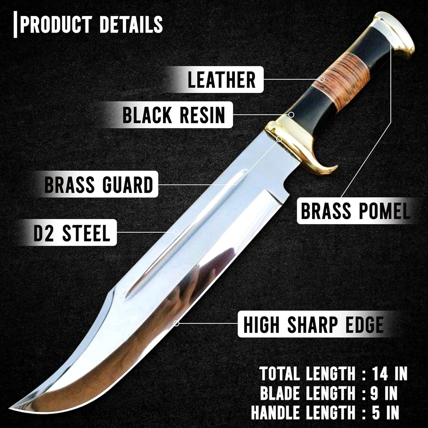 14" Crocodile Dundee Bowie Knife with Sheath-Hunting Knife with Sheath-Mirror Polished Survival Tactical Knife,Cuchillos de caza for Camping, Outdoor, Bushcraft- Knives for Men