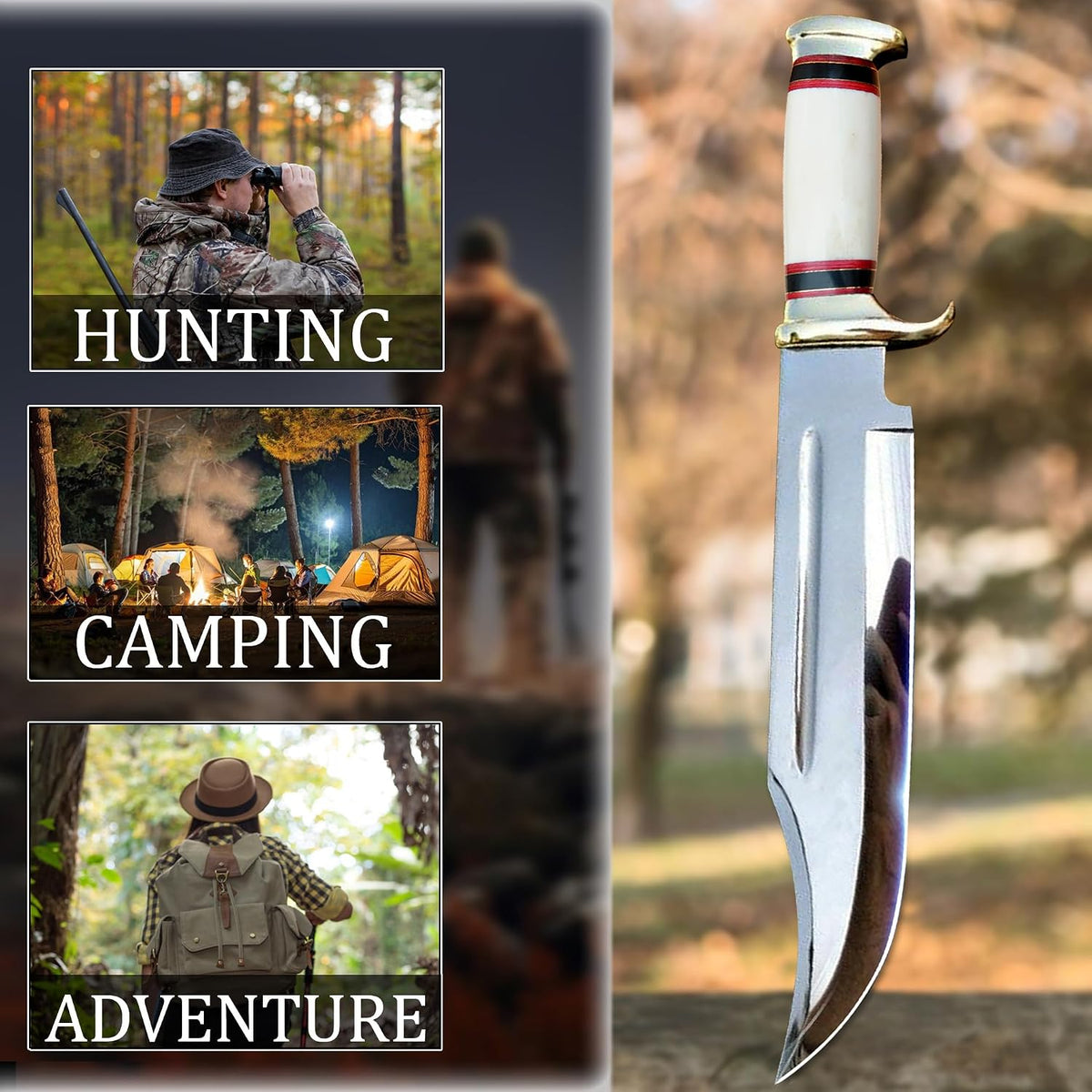 14" Crocodile Dundee Bowie Knife with Sheath-Hunting Knife with Sheath-Mirror Polished Survival Tactical Knife,Cuchillos de caza for Camping, Outdoor, Bushcraft- Knives for Men