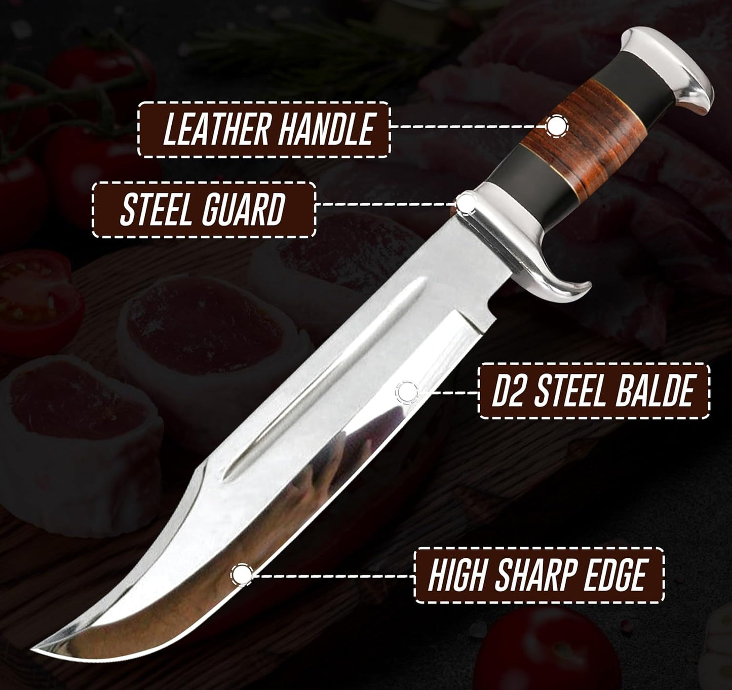 14" Crocodile Dundee Bowie Knife with Sheath-Hunting Knife with Sheath-Mirror Polished Survival Tactical Knife,Cuchillos de caza for Camping, Outdoor, Bushcraft- Knives for Men