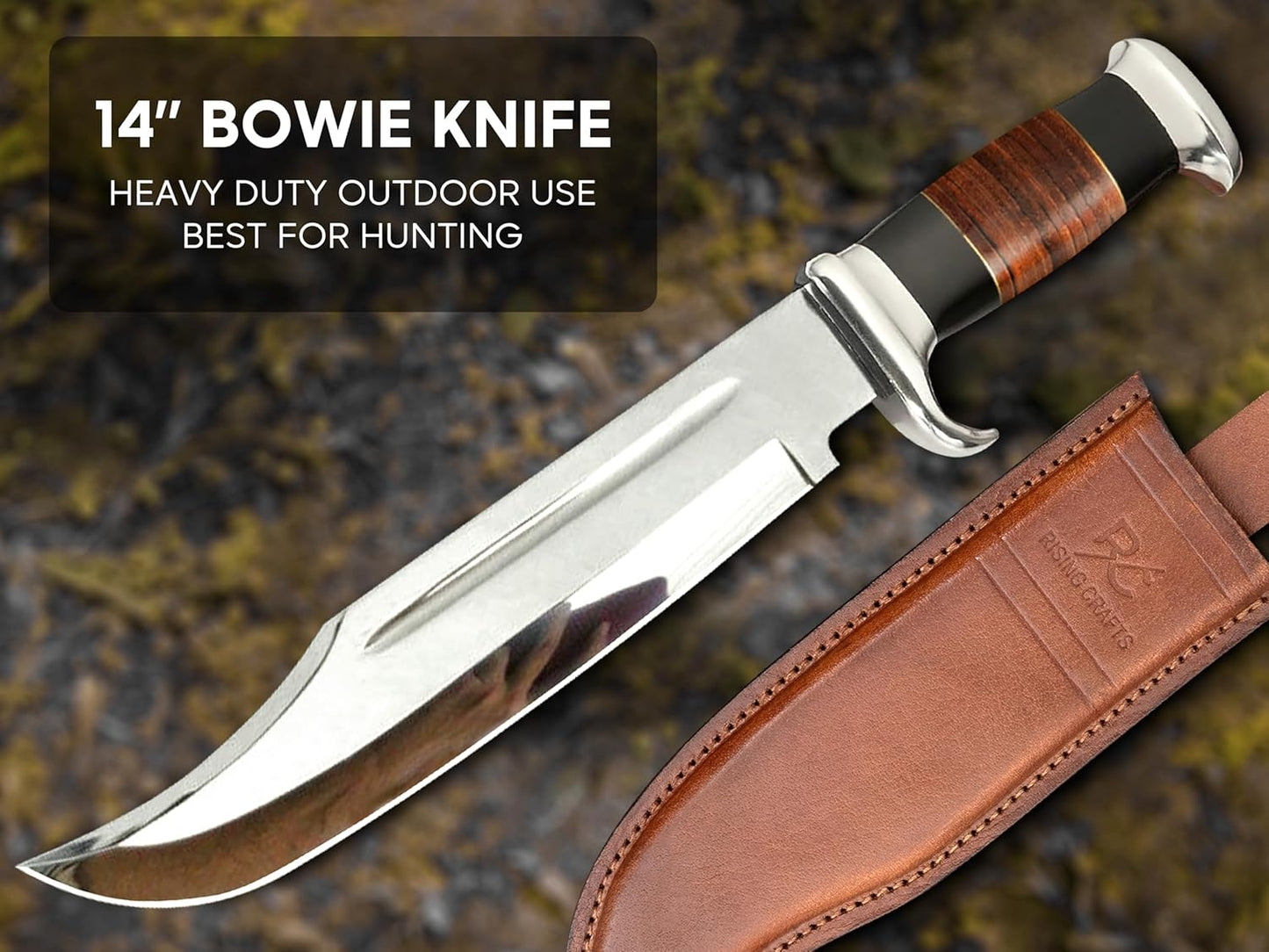 14" Crocodile Dundee Bowie Knife with Sheath-Hunting Knife with Sheath-Mirror Polished Survival Tactical Knife,Cuchillos de caza for Camping, Outdoor, Bushcraft- Knives for Men