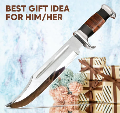 14" Crocodile Dundee Bowie Knife with Sheath-Hunting Knife with Sheath-Mirror Polished Survival Tactical Knife,Cuchillos de caza for Camping, Outdoor, Bushcraft- Knives for Men