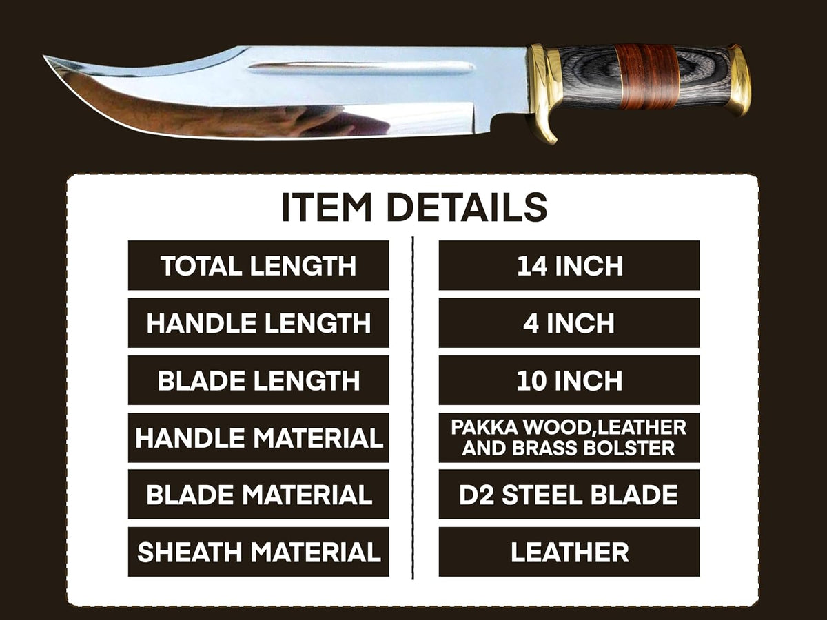 14" Crocodile Dundee Bowie Knife with Sheath-Hunting Knife with Sheath-Mirror Polished Survival Tactical Knife,Cuchillos de caza for Camping, Outdoor, Bushcraft- Knives for Men