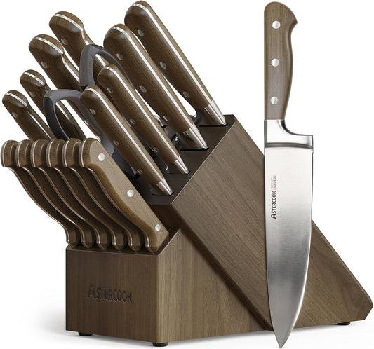 17-Piece Knife Block Set with Built-in Sharpener, German Stainless Steel Full Tang Kitchen Knives, Ergonomic Walnut Handle Cutlery Set for Home Cooking & fathers day gift for Dad