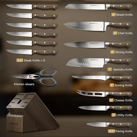 17-Piece Knife Block Set with Built-in Sharpener, German Stainless Steel Full Tang Kitchen Knives, Ergonomic Walnut Handle Cutlery Set for Home Cooking & fathers day gift for Dad