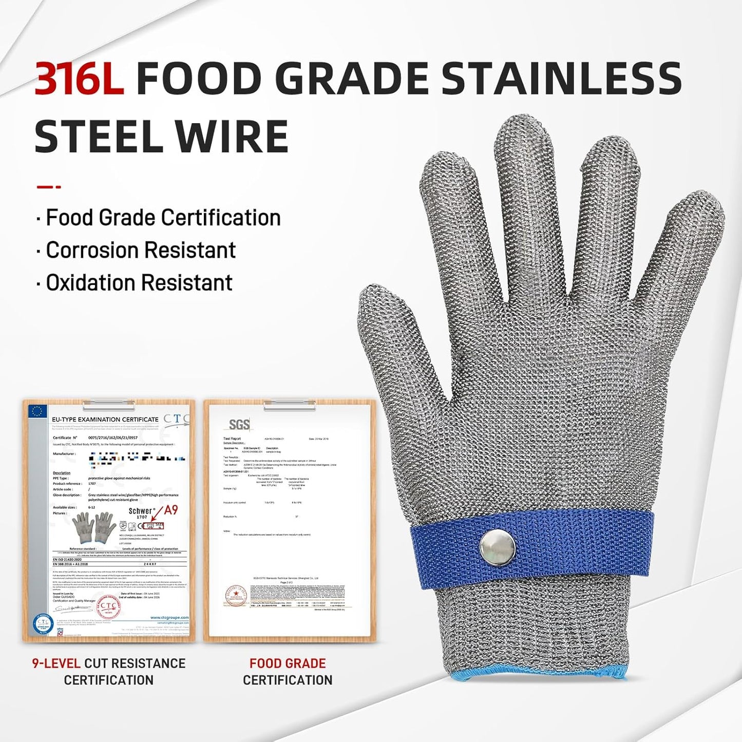 ANSI A9 Cut Resistant Glove,Stainless Steel Mesh Metal Glove,Food Grade for Kitchen Cooking, Butcher Meat Cutting, Oyster Shucking, Mandoline, Fishing,L,1pcs