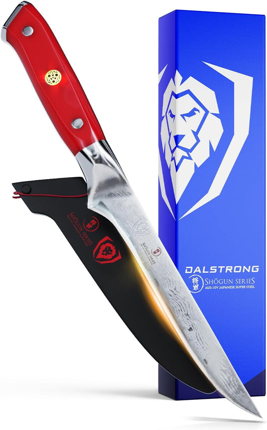 Boning Knife - 6 inch - Shogun Series - Japanese AUS-10V Super Steel Knife Gift- Vacuum Treated- Crimson Red ABS Handle - Razor Sharp Fillet Knife - Meat Cutting, Carving, Trimming w/Sheath