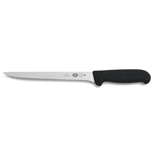 Fibrox 8-Inch Fillet Knife, Flexible Straight Edge Blade | Professional fish filleting tool featuring a non-slip black handle and stamped stainless steel blade construction