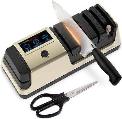 Electric Knife Sharpener for Kitchen Knives & Scissors, 5-in-1 Sharpening System with Diamond Wheel, Ceramic Polishing Rod, Adjustable Speed, LCD Display, Serrated & Japanese Blade Support