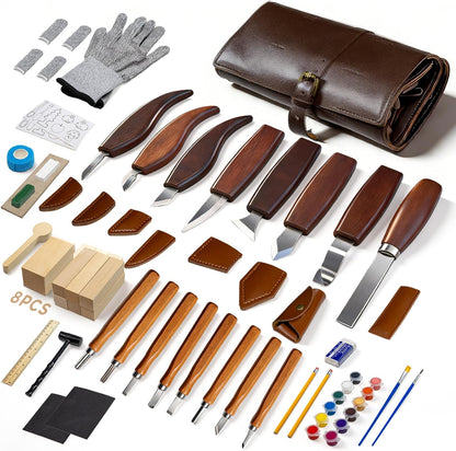 Wood Carving Kit, 68 PCS Complete Whittling Kit for Beginners Adults, 16 Wood Carving Knives, 8 Basswood Blocks, Leather Storage Bag, Gloves, Paints & Templates, DIY Carving Tools Gift Set