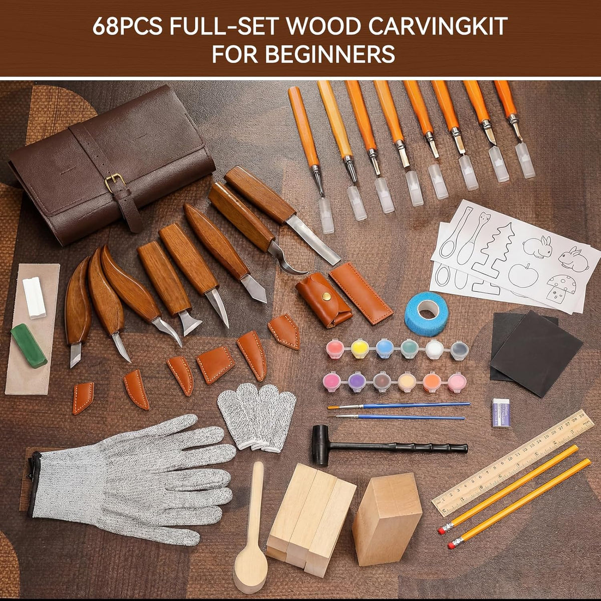 Wood Carving Kit, 68 PCS Complete Whittling Kit for Beginners Adults, 16 Wood Carving Knives, 8 Basswood Blocks, Leather Storage Bag, Gloves, Paints & Templates, DIY Carving Tools Gift Set