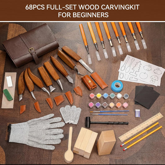 Wood Carving Kit, 68 PCS Complete Whittling Kit for Beginners Adults, 16 Wood Carving Knives, 8 Basswood Blocks, Leather Storage Bag, Gloves, Paints & Templates, DIY Carving Tools Gift Set