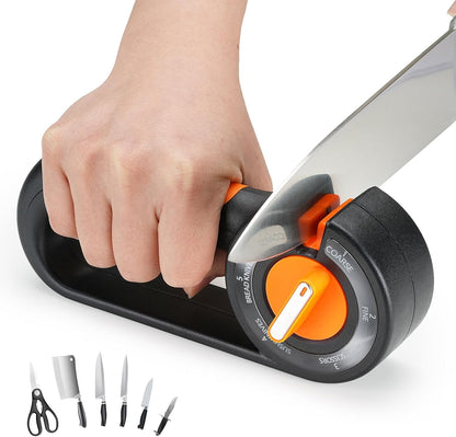 Knife Sharpener with 6 Selectable Angles, Coarse and Fine Sharpening, Ergonomic Handle, Non-Slip Base, Black and Orange