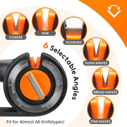 Knife Sharpener with 6 Selectable Angles, Coarse and Fine Sharpening, Ergonomic Handle, Non-Slip Base, Black and Orange