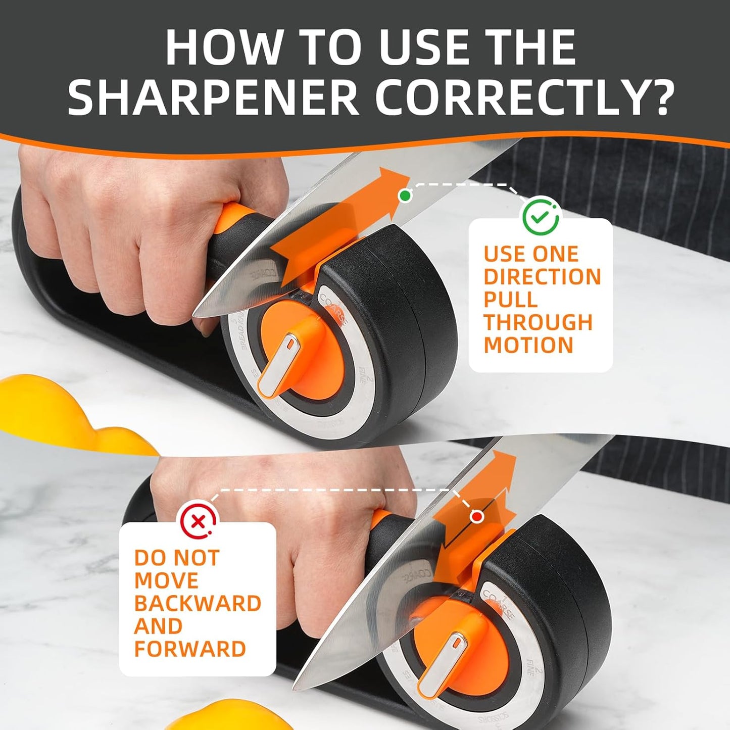 Knife Sharpener with 6 Selectable Angles, Coarse and Fine Sharpening, Ergonomic Handle, Non-Slip Base, Black and Orange