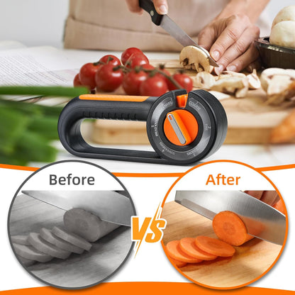 Knife Sharpener with 6 Selectable Angles, Coarse and Fine Sharpening, Ergonomic Handle, Non-Slip Base, Black and Orange