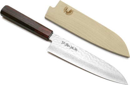 Yoshihiro VG10 46 Layers Hammered Damascus Santoku Japanese Multipurpose Chef Knife (7"(180mm) Rosewood Handle)