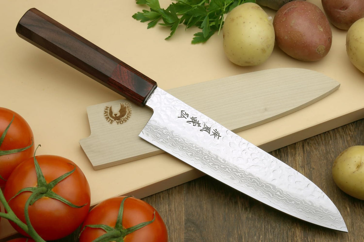 Yoshihiro VG10 46 Layers Hammered Damascus Santoku Japanese Multipurpose Chef Knife (7"(180mm) Rosewood Handle)