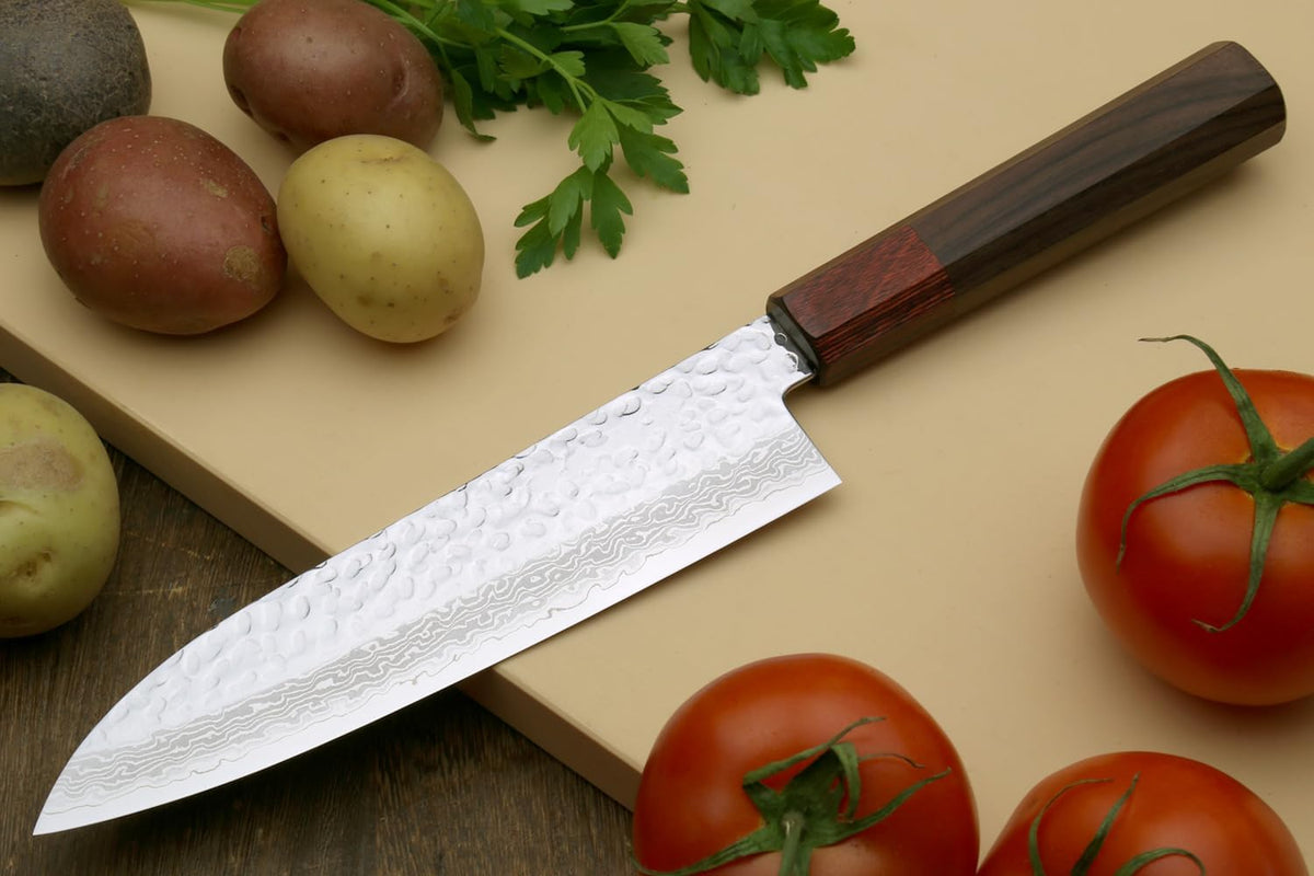Yoshihiro VG10 46 Layers Hammered Damascus Santoku Japanese Multipurpose Chef Knife (7"(180mm) Rosewood Handle)
