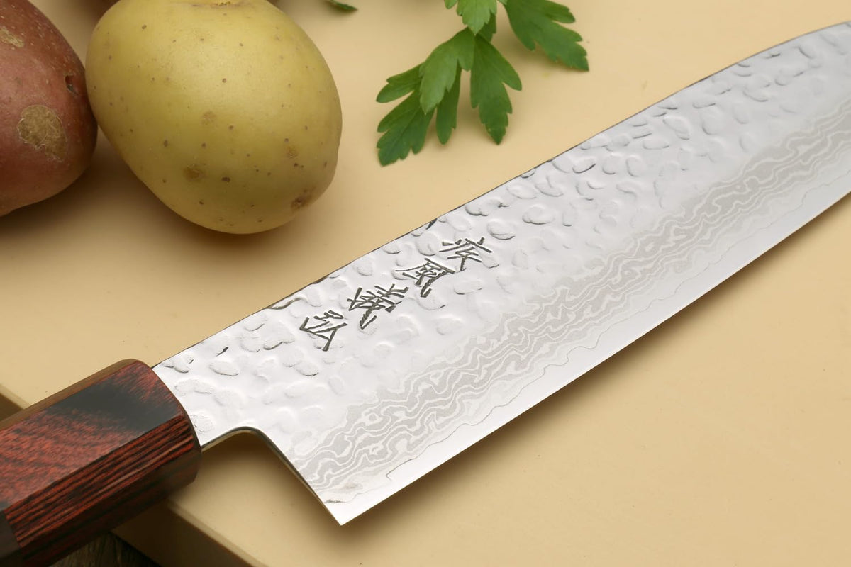 Yoshihiro VG10 46 Layers Hammered Damascus Santoku Japanese Multipurpose Chef Knife (7"(180mm) Rosewood Handle)