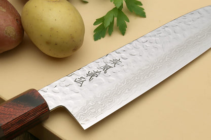 Yoshihiro VG10 46 Layers Hammered Damascus Santoku Japanese Multipurpose Chef Knife (7"(180mm) Rosewood Handle)