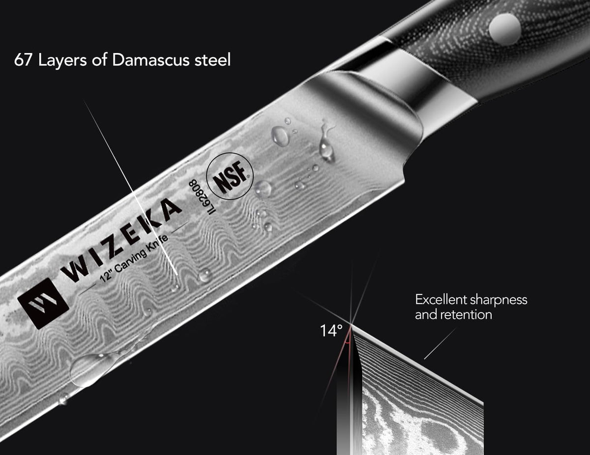12 Inch Damascus Slicing Knife, Full-Tang, Razor Sharp | Effortless Smooth Cuts, Damascus Steel with a VG10 Core, Long-Lasting Edge, Brisket, BBQ, Large Roasts, Elegant Storage Box