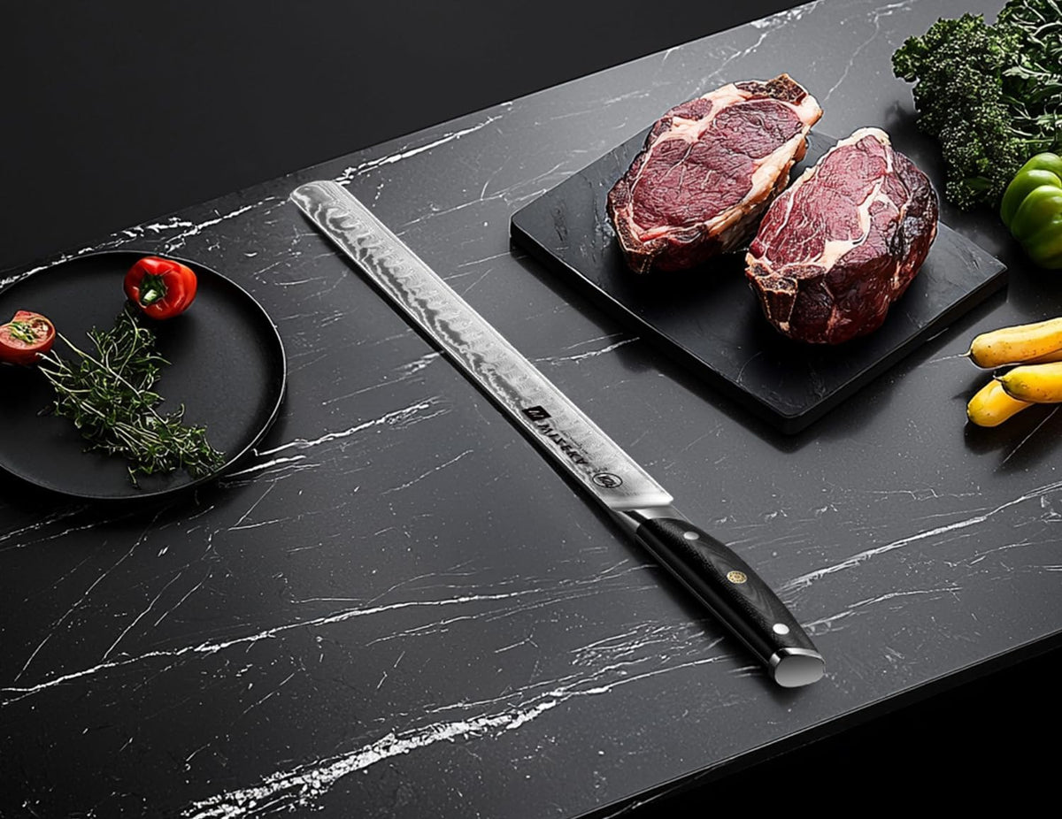 12 Inch Damascus Slicing Knife, Full-Tang, Razor Sharp | Effortless Smooth Cuts, Damascus Steel with a VG10 Core, Long-Lasting Edge, Brisket, BBQ, Large Roasts, Elegant Storage Box