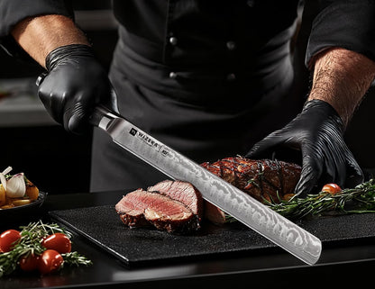 12 Inch Damascus Slicing Knife, Full-Tang, Razor Sharp | Effortless Smooth Cuts, Damascus Steel with a VG10 Core, Long-Lasting Edge, Brisket, BBQ, Large Roasts, Elegant Storage Box