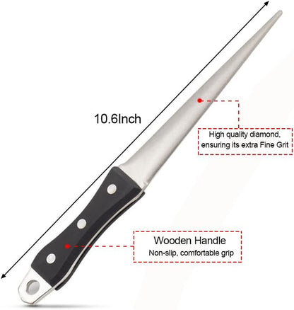 10.6 Inch Diamond Sharpening Rod Sharpening Stone, Diamond Fine Tapered File with wooden handle