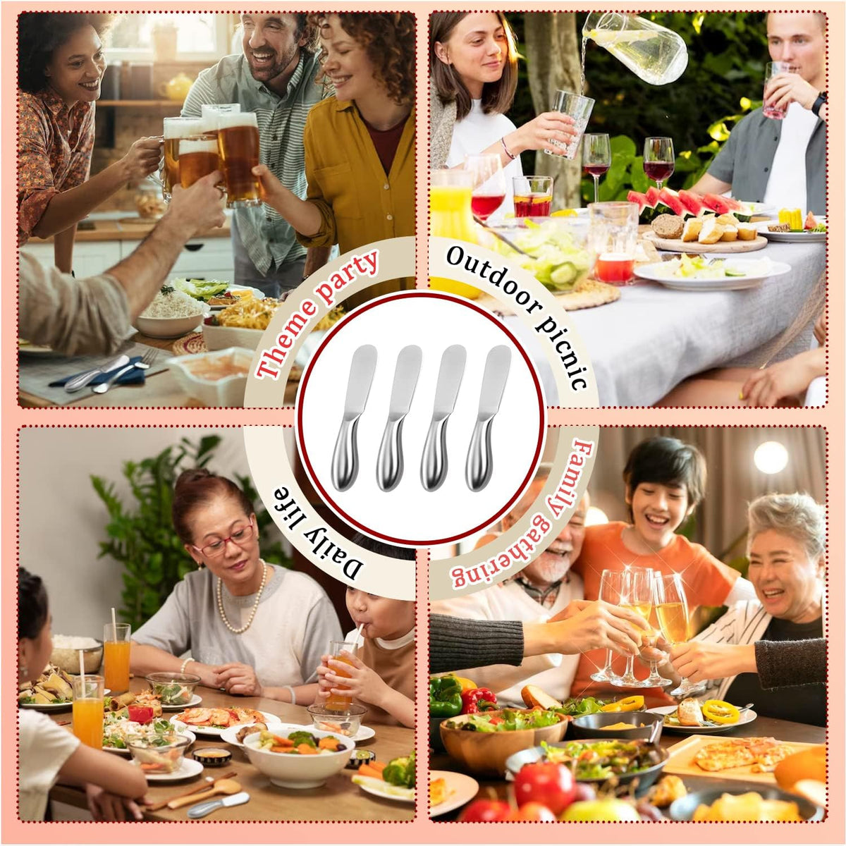 Butter Knives 4 Pieces Stainless Steel Cheese Butter Spreader Knife Set for Cold Butter, Cream Cheese, Jam, Pastry, Charcuterie, Multipurpose Kitchen Gadgets