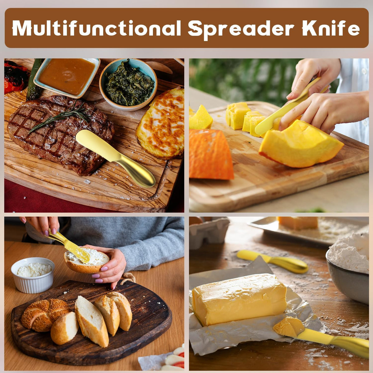 Butter Knives 4 Pieces Stainless Steel Cheese Butter Spreader Knife Set for Cold Butter, Cream Cheese, Jam, Pastry, Charcuterie, Multipurpose Kitchen Gadgets