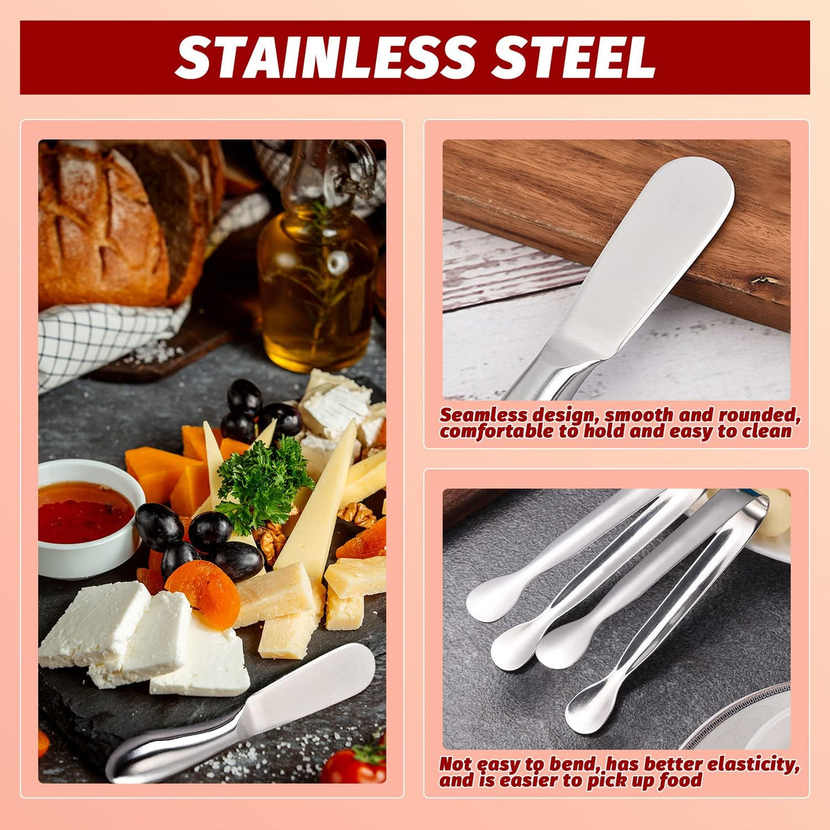 Butter Knives 4 Pieces Stainless Steel Cheese Butter Spreader Knife Set for Cold Butter, Cream Cheese, Jam, Pastry, Charcuterie, Multipurpose Kitchen Gadgets
