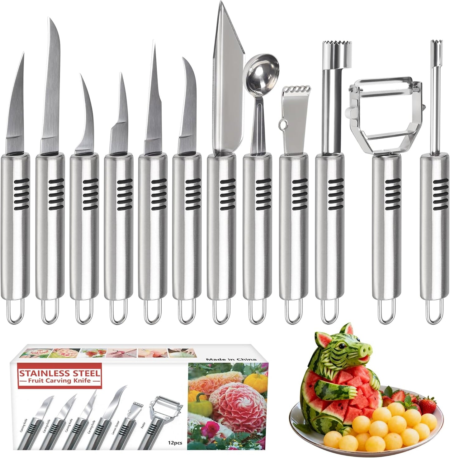 6Pcs Stainless Steel Fruit Carving Knife Set,Fruit&Vegetable Tool | Melon Baller Scoop,Crinkle&V-shape Cutter,Lemon Zester&Peeler,Detail Carving Tool,For Fruits/Veggies,Party Platter Garnishing