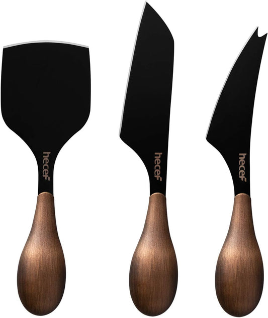 Cheese Knife Set of 3, Bronze Grain Multipurpose Retro Cheese Knives, Set includes Pronged, Hard Cheese & Chisel Knife, Black