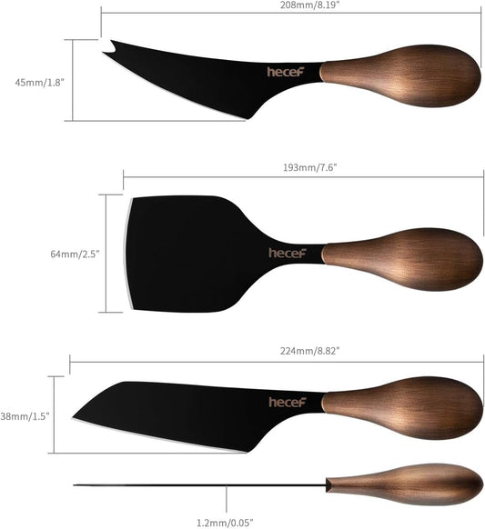 Cheese Knife Set of 3, Bronze Grain Multipurpose Retro Cheese Knives, Set includes Pronged, Hard Cheese & Chisel Knife, Black