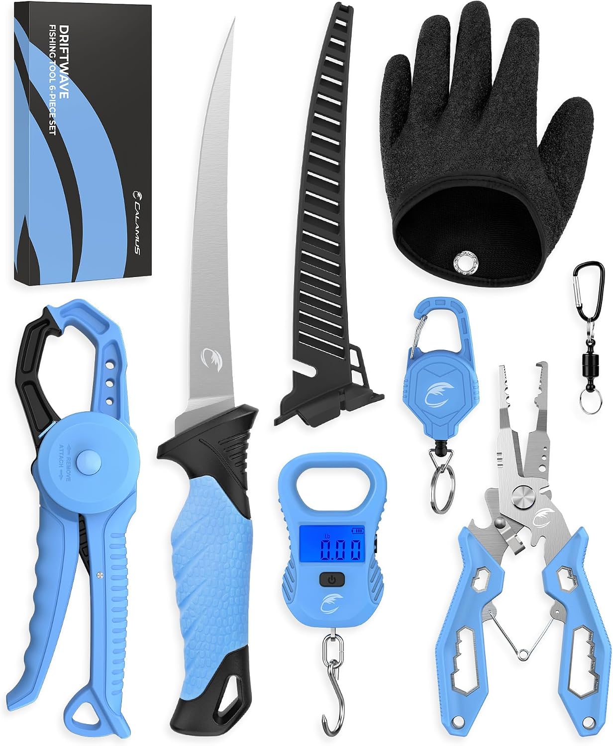 Lightweight and DriftWave Fishing Tool Kit – Corrosion Resistant Fishing Pliers, Lip Gripper, Fillet Knife, Fishing Scale, Retractor & Glove,Scissors & Pocket Knife,Fishing Gifts for Men