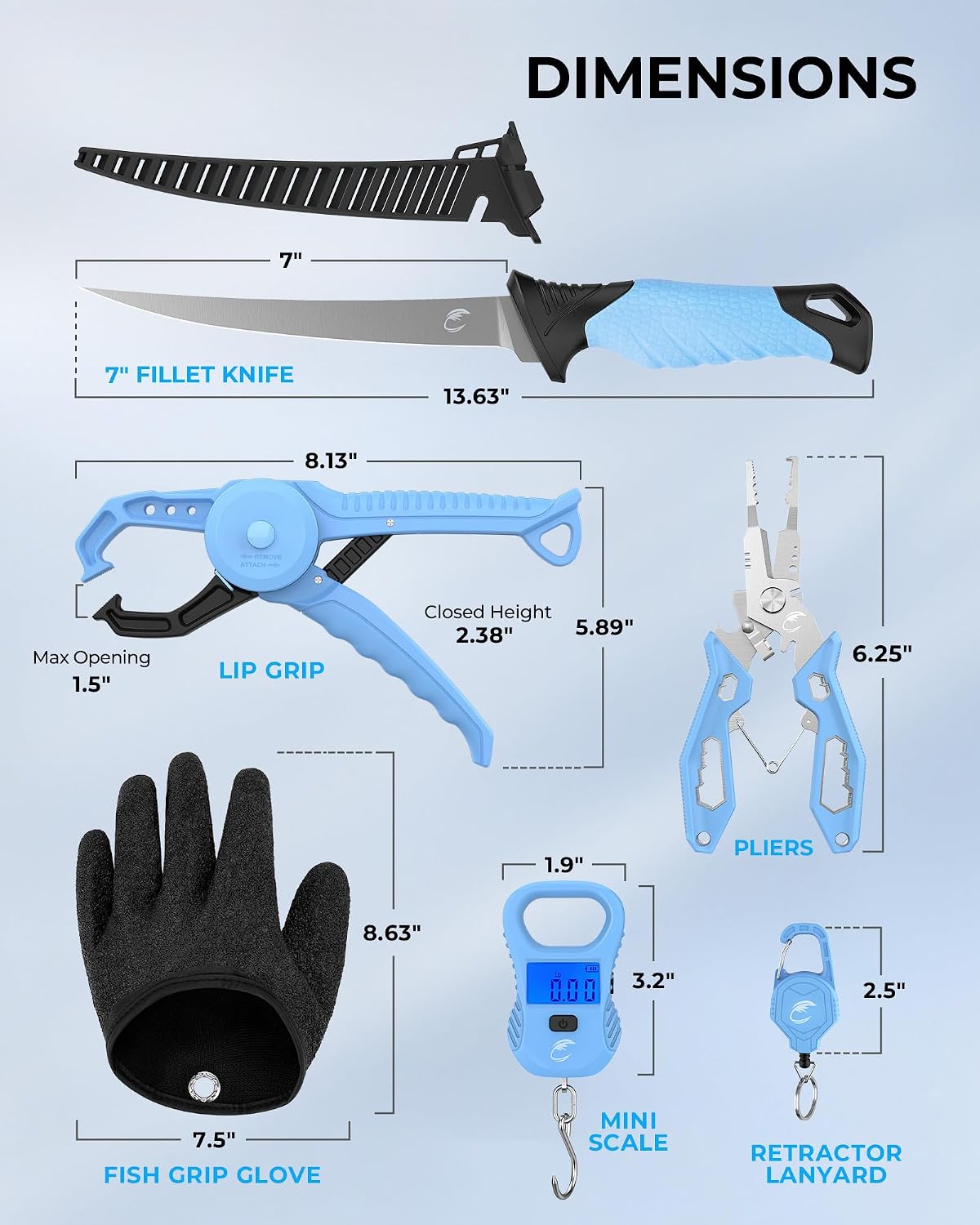 Lightweight and DriftWave Fishing Tool Kit – Corrosion Resistant Fishing Pliers, Lip Gripper, Fillet Knife, Fishing Scale, Retractor & Glove,Scissors & Pocket Knife,Fishing Gifts for Men