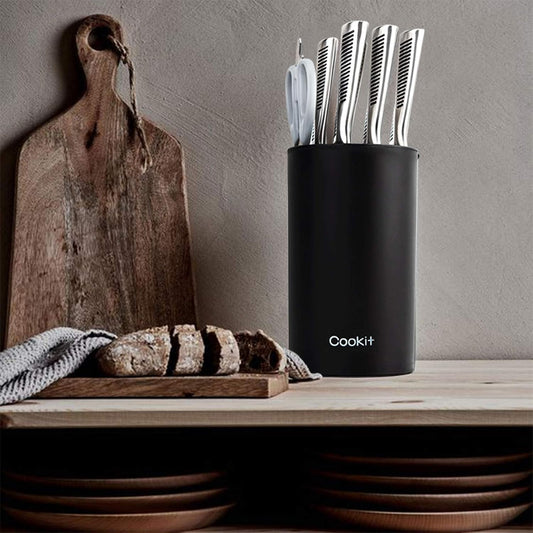 Knife Block Without Knives, Universal Round Knife Block Only, Detachable Knife Holder for Easy Cleaning, Space Saver Knife Storage Holder with Scissors Slot, Black